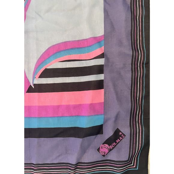 Signed SOLMAZ Designer Geometric Silk Scarf Purple PInk Blue Black WOW! - Picture 7 of 7